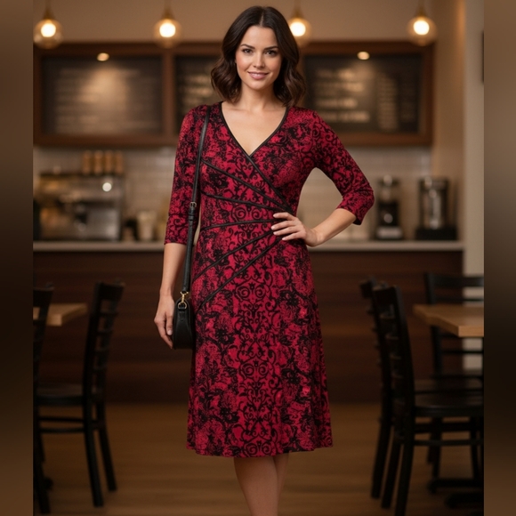Dress Barn Dresses & Skirts - Red and Black Faux Wrap Shift Dress Size 6 Dress Barn